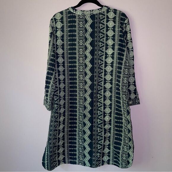 Madison Mathews Size L Tunic Dress Navy Embroidered Aztec Boho Southwestern - Picture 6 of 8